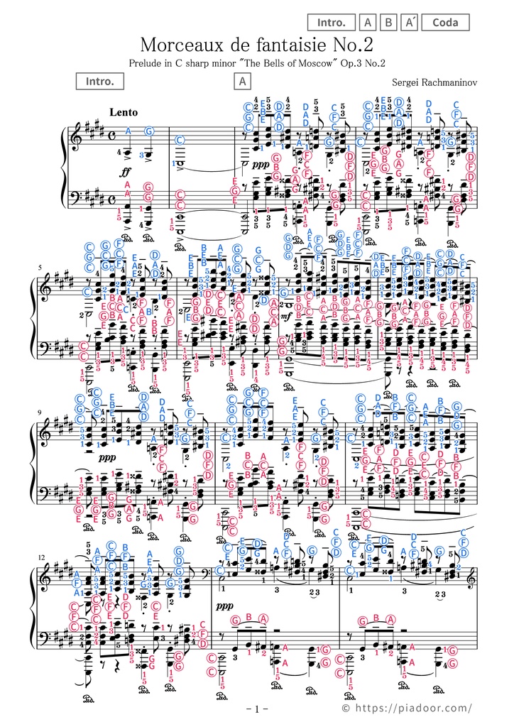 Prelude "The Bells of Moscow" Sheet Music For Piano (With Letters / With Finger Numbers)