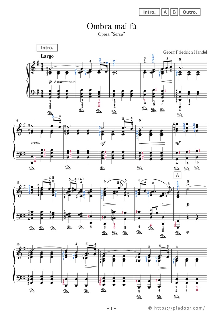 Ombra mai fù Sheet Music For Piano (With Letters / With Finger Numbers)