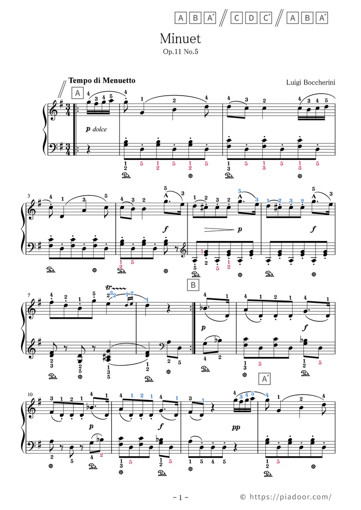 Minuet(Boccherini) Sheet Music For Piano (With Letters / With Finger Numbers)