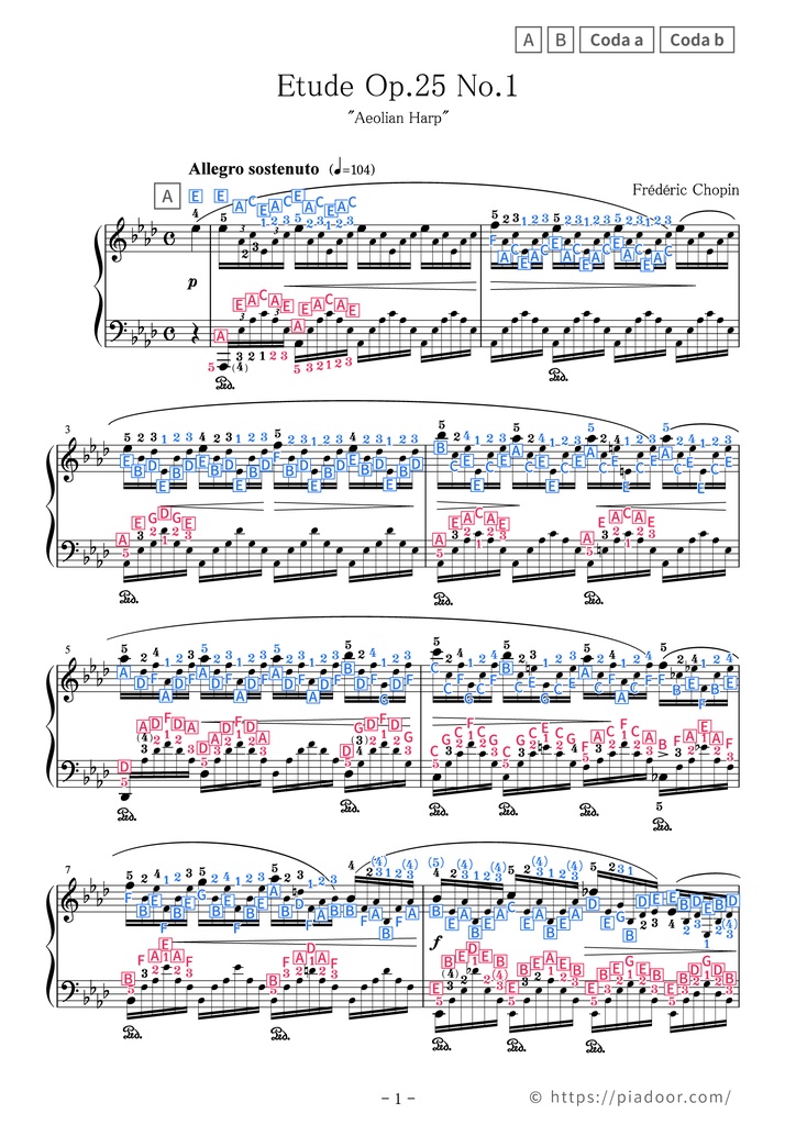 Aeolian Harp Sheet Music For Piano (With Letters / With Finger Numbers)