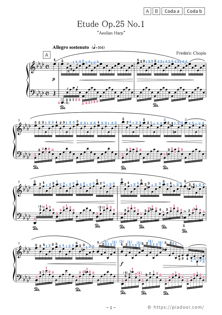 Aeolian Harp Sheet Music For Piano (With Letters / With Finger Numbers)