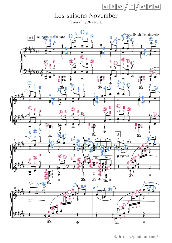 The Seasons "November: Troika" Sheet Music For Piano (With Letters / With Finger Numbers)