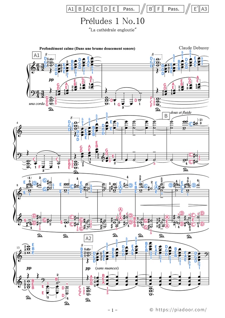 La cathédrale engloutie Sheet Music For Piano (With Letters / With Finger Numbers)