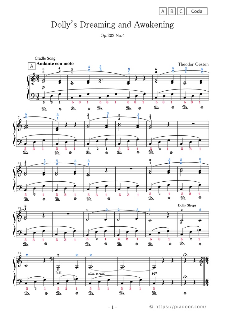 Dolly's Dreaming and Awakening Sheet Music For Piano (With Letters / With Finger Numbers)