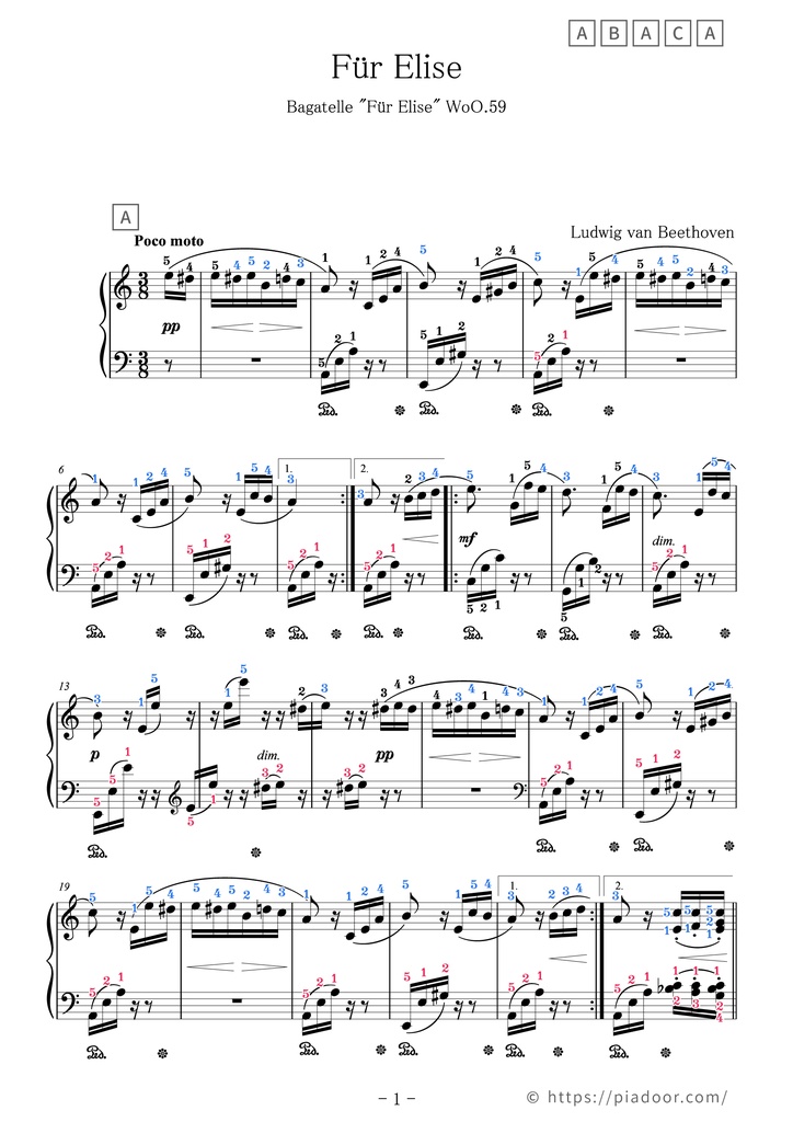 Für Elise Sheet Music For Piano (With Letters / With Finger Numbers)