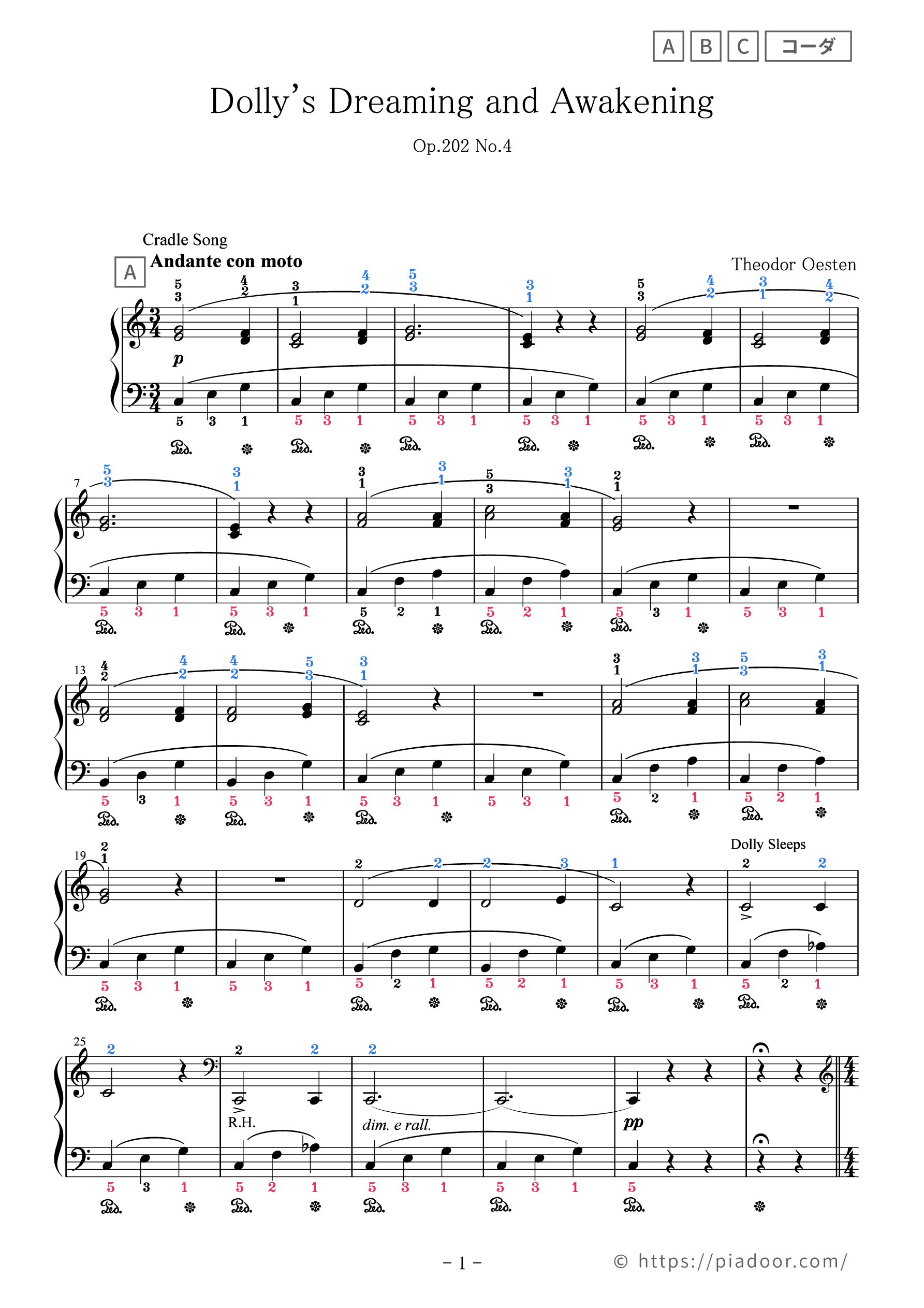 お人形の夢と目覚め（ドレミ楽譜・全指番号楽譜） PiaDOOR BOOTH
