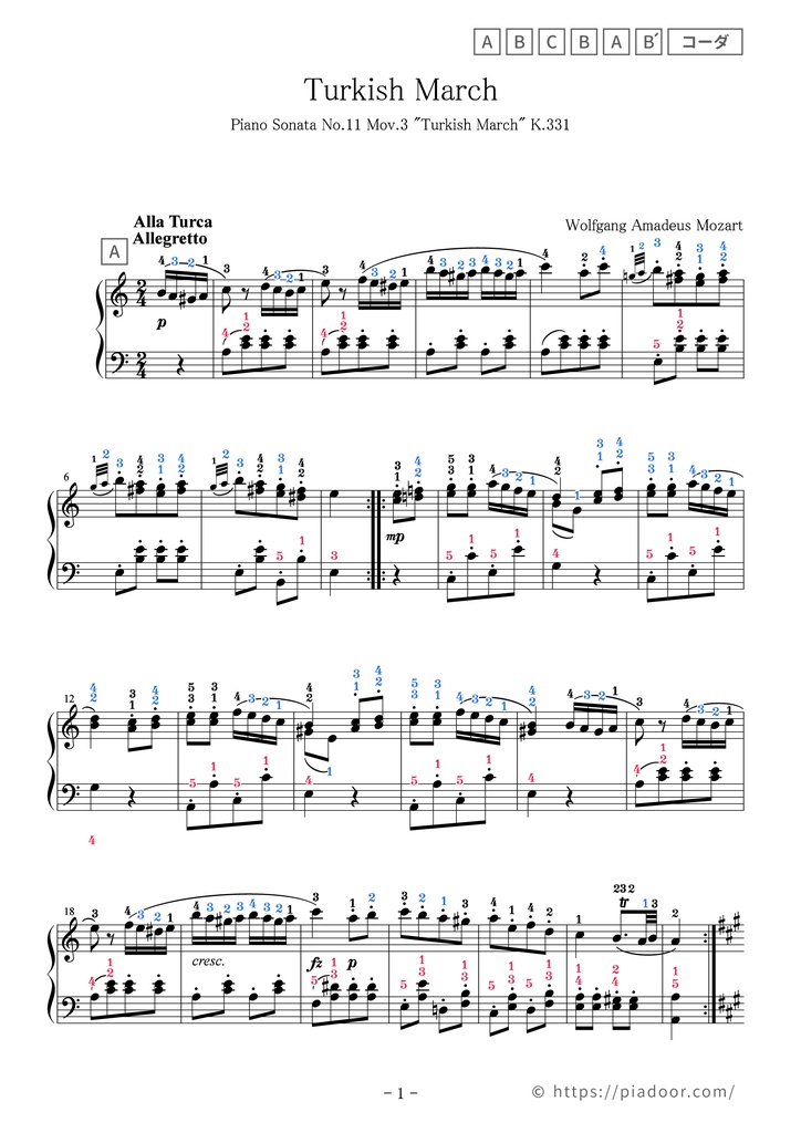 トルコ行進曲(ドレミ楽譜・全指番号楽譜・テクニック楽譜・表現楽譜・分析楽譜)