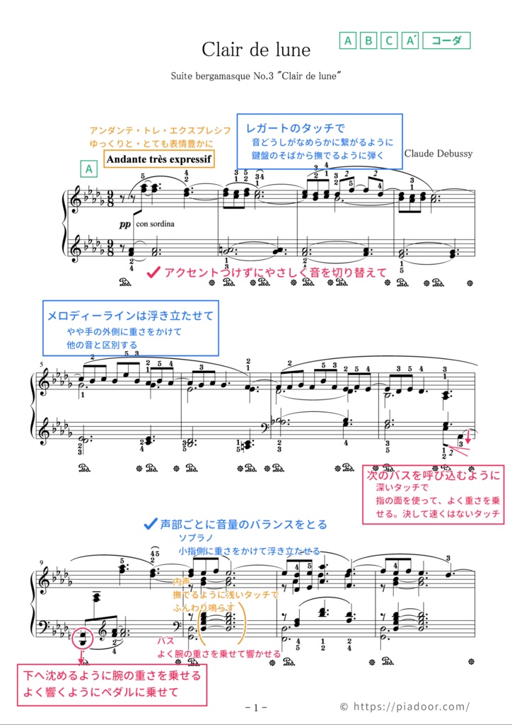 月の光(ドレミ楽譜・全指番号楽譜・テクニック楽譜・表現楽譜・分析楽譜)