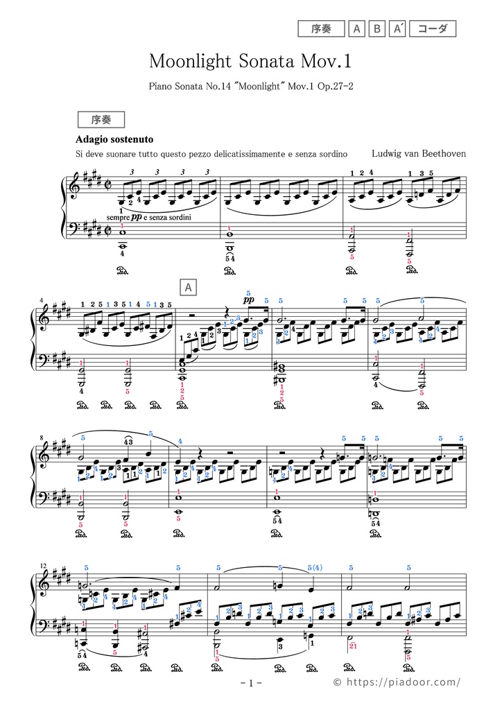 月光 第1楽章（ドレミ楽譜・全指番号楽譜）