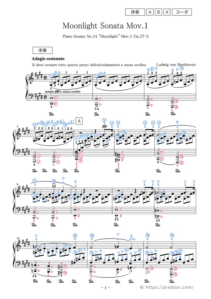 月光 第1楽章（ドレミ楽譜・全指番号楽譜・テクニック楽譜・表現楽譜・分析楽譜）
