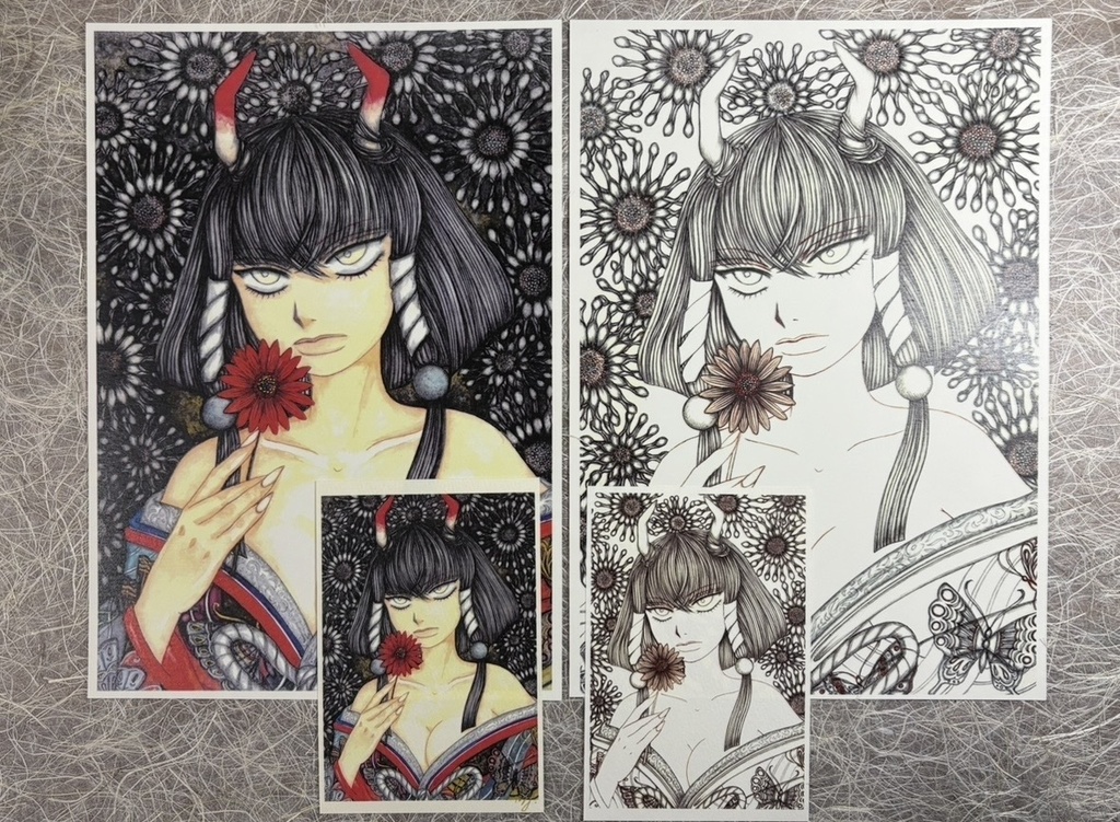 花鬼/オステオスペルマム（複製画）A4弱+ポストカード4点セット