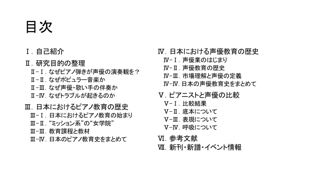 【レジュメ】学問バーKisi様 いりえった音楽学研究Bar "専門が変われば音楽の見方も変わる?-ピアニストと声優の比較研究を語る" 当日発表レジュメ / いりえった (政治学)
