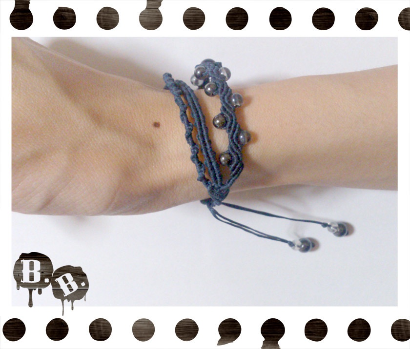 ナロー三連ブレスレット【ブラックルナフラッシュ】【ダークネイビーコード】【ハンドメイドアクセサリー】