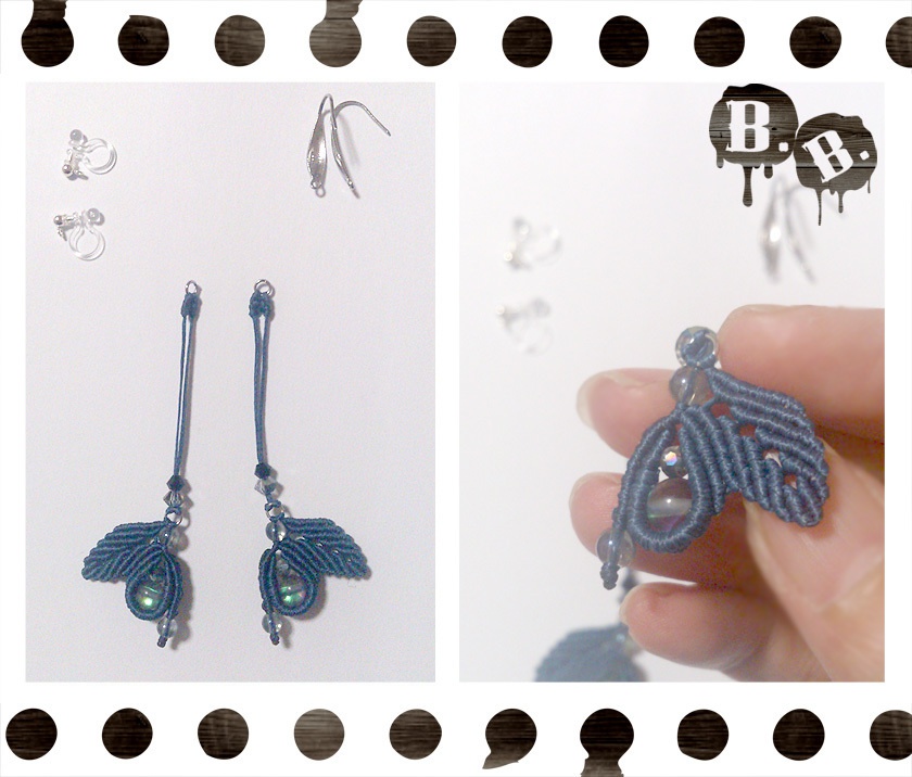 葉雫蝶のピアスセット【ブラックルナフラッシュ】【ネイビーコード】【ハンドメイドアクセサリー】