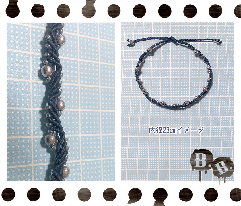スプラッシュウェーブのアンクレット【ヘマタイトシルバー】【ダークネイビーコード】【ハンドメイドアクセサリー】