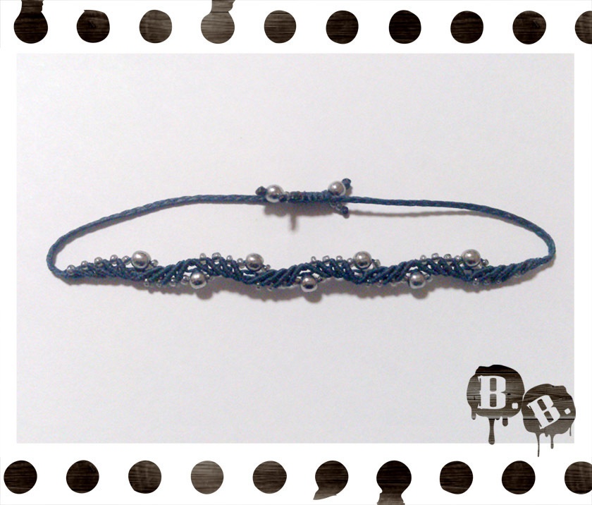 スプラッシュウェーブのブレスレット【ヘマタイトシルバー】【ダークネイビーコード】【ハンドメイドアクセサリー】