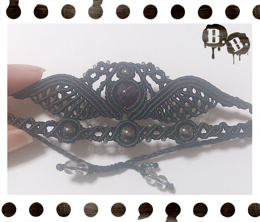 ワイドクラウンウィング二連ブレスレット【アメジスト】【ブラックコード】【ハンドメイドアクセサリー】