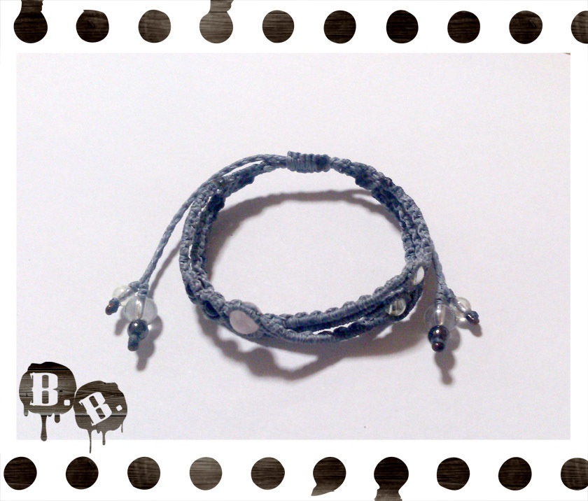 三連ブレスレット【ローズクォーツ】【ブルーグレーコード】【ハンドメイドアクセサリー】