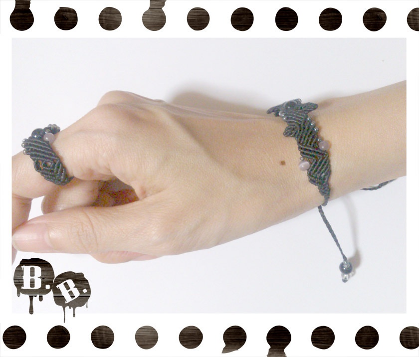 ツリーのブレスレット・リングセット【ブルーゴールドストーン】【ブラックコード】【ハンドメイドアクセサリー】