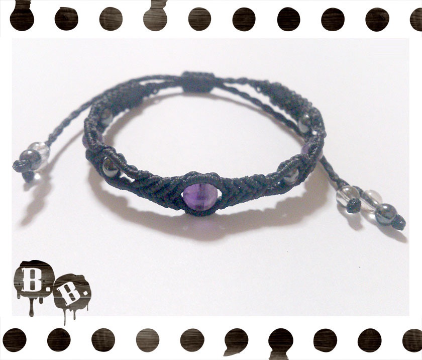 シンプルドロップブレスレット6mm【アメジスト】【ブラックコード】【ハンドメイドアクセサリー】