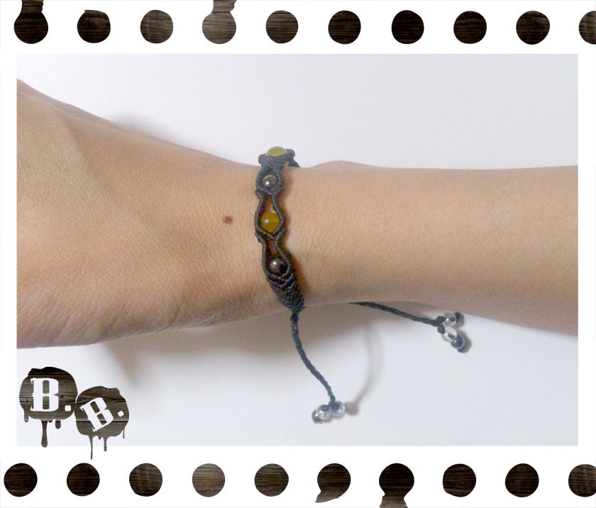 シンプルドロップブレスレット6mm【ミックスアゲートイエロー】【ブラックコード】【ハンドメイドアクセサリー】