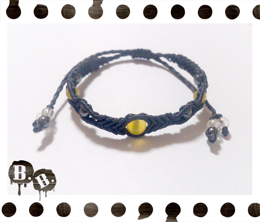 シンプルドロップブレスレット6mm【ミックスアゲートイエロー】【ブラックコード】【ハンドメイドアクセサリー】