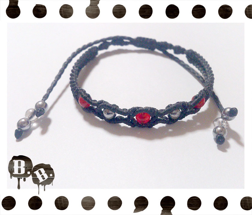 シンプルドロップブレスレット4mm【ミックスジェイドレッド】【ブラックコード】【ハンドメイドアクセサリー】