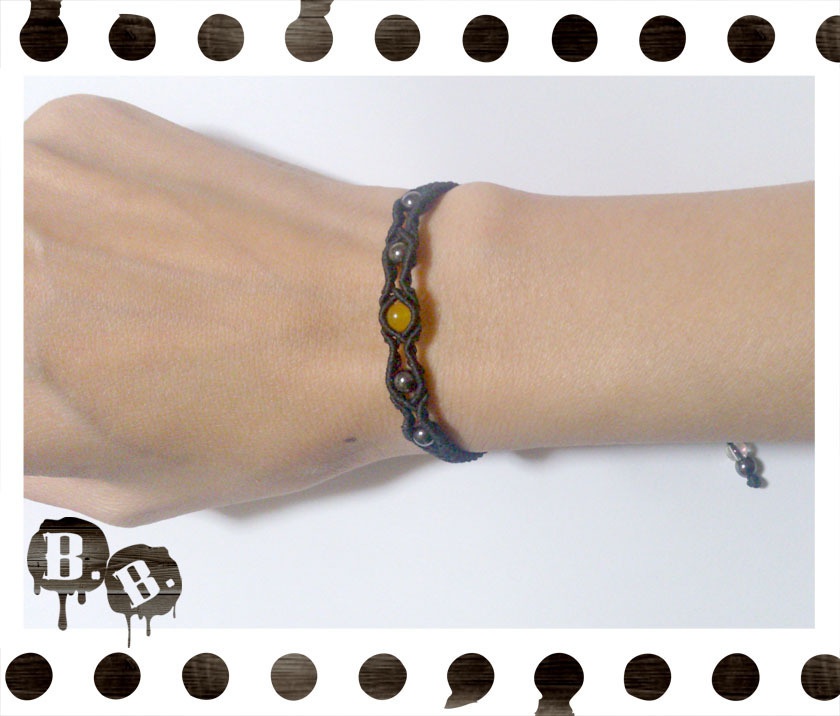 シンプルドロップブレスレット4mm【ミックスジェイドイエロー】【ブラックコード】【ハンドメイドアクセサリー】
