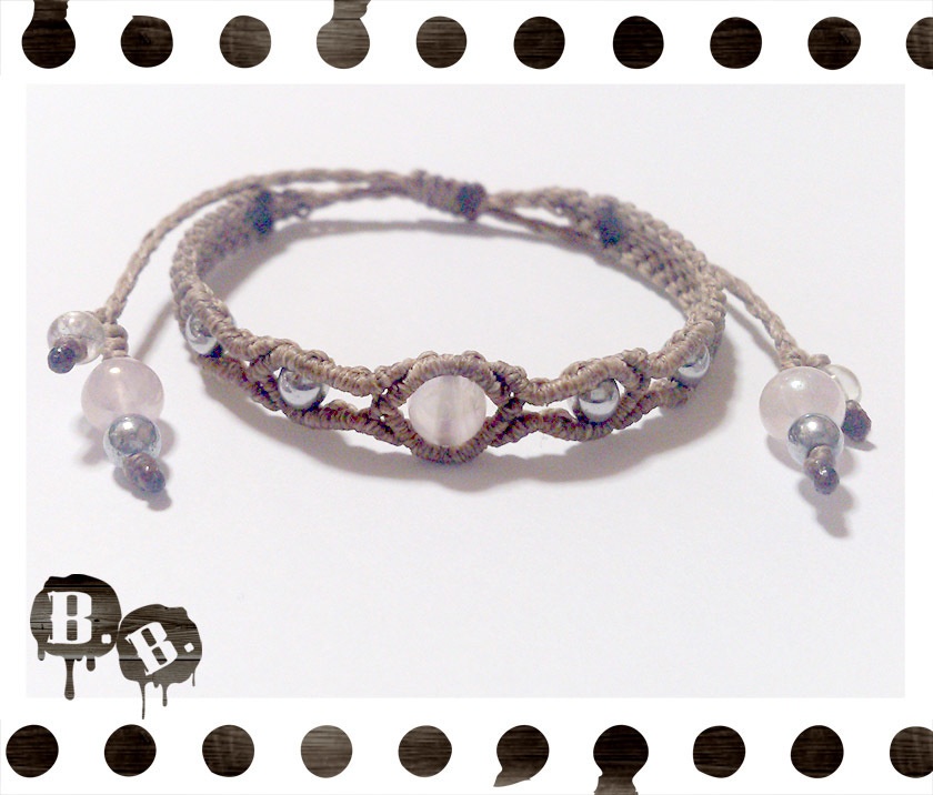 シンプルドロップブレスレット6mm【ローズオーラ】【ライトブラウンコード】【ハンドメイドアクセサリー】