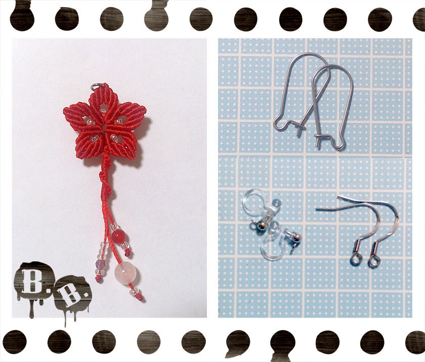 フラワードロップピアス/ノンホールピアスセット【ローズクォーツ】【レッドコード】【ハンドメイドアクセサリー】