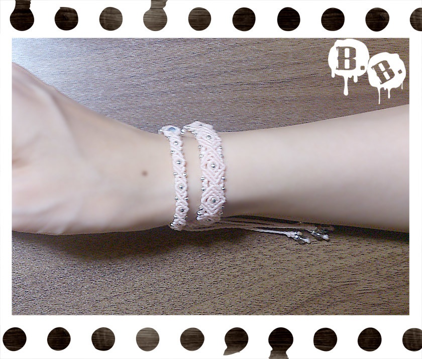 デザイン二連ブレス【ミックスジェイドブルー】【ライトピンクコード】【ハンドメイドアクセサリー】