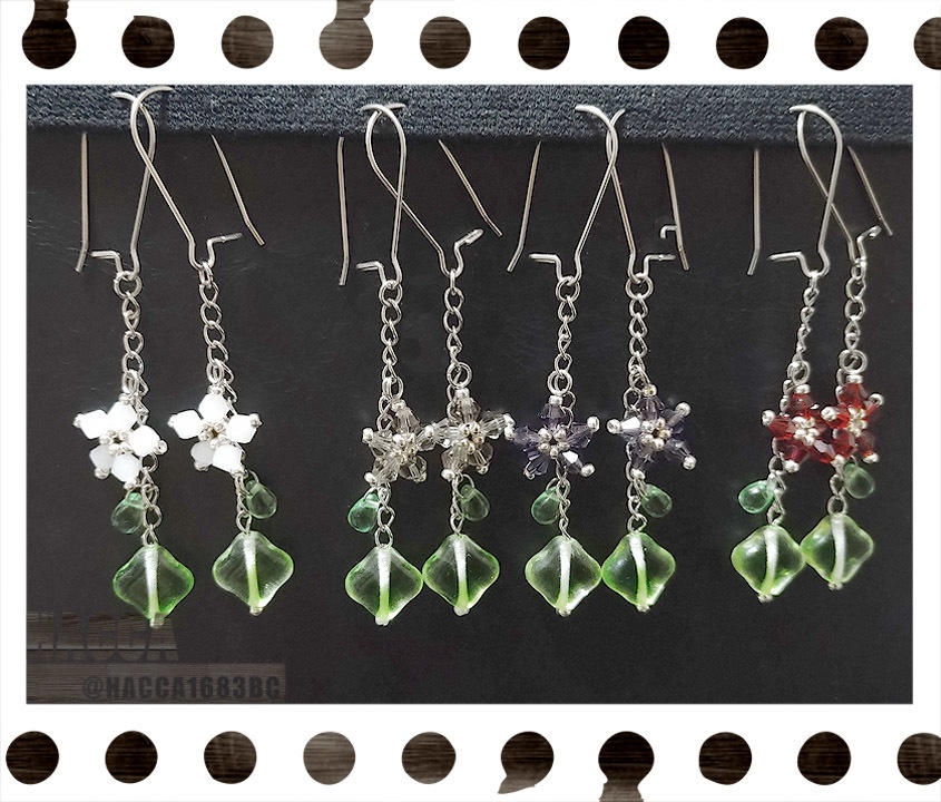 ドロップリーフピアス\ノンホールピアスセット【ガラスビーズ】【ハンドメイドアクセサリー】