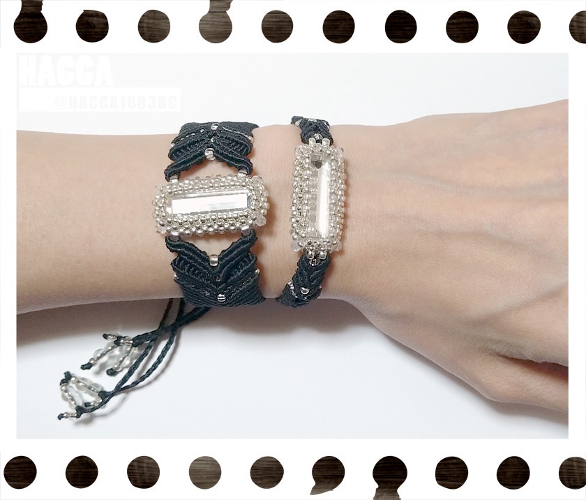 レクタングルブレスレット【ブラックコード】【大粒ラインストーン】【ハンドメイドアクセサリー】