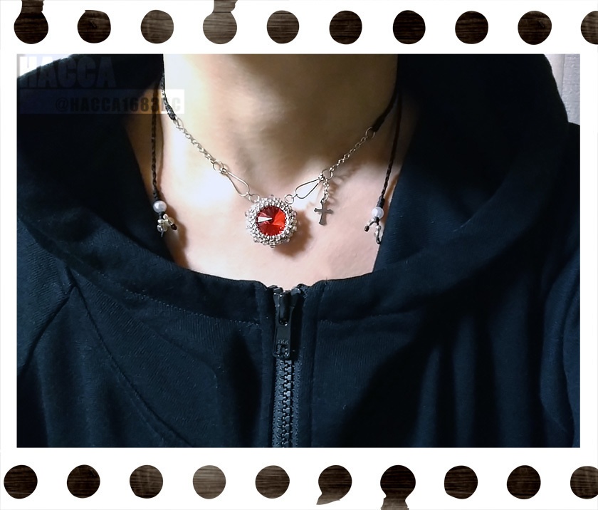 オリジナルチェーンビーズネックレス【ブラックコード】【大粒ラインストーン】【ハンドメイドアクセサリー】