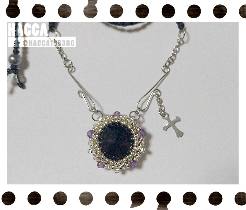 オリジナルチェーンビーズネックレス【ブラックコード】【大粒ラインストーン】【ハンドメイドアクセサリー】