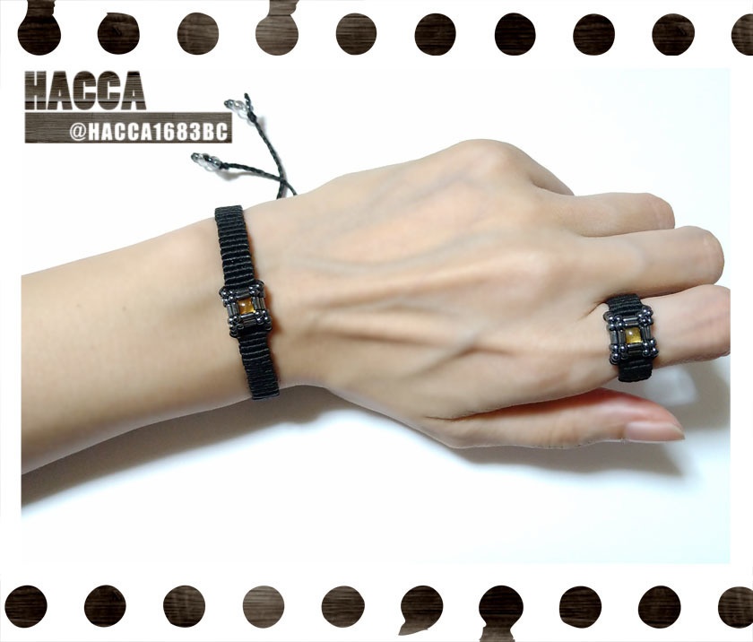 キューブデザインマクラメブレスレット・リングセット【ブラックコード】【ラインストーン】【ハンドメイドアクセサリー】