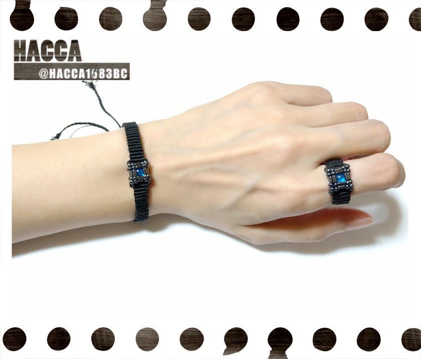 キューブデザインマクラメブレスレット・リングセット【ブラックコード】【ラインストーン】【ハンドメイドアクセサリー】