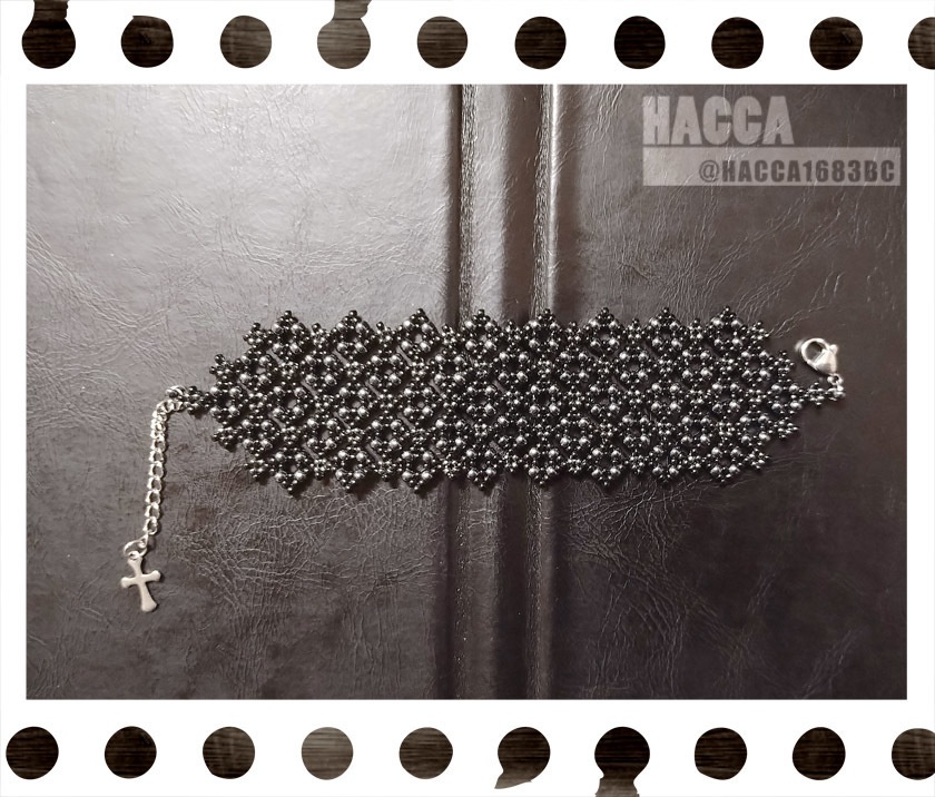 ワイドブラックレースビーズブレスレット【ガラスビーズ】【ハンドメイドアクセサリー】