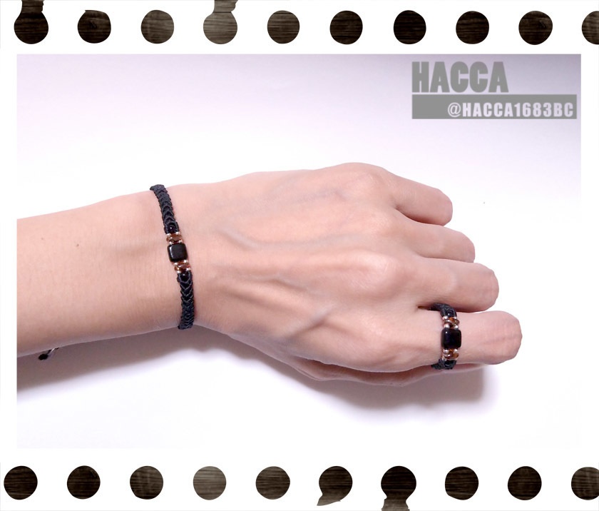 ブラックスクエアアクセサリーセット【ブレスレット/リング】【ブラックコード】【チェコビーズ】【ハンドメイドアクセサリー】