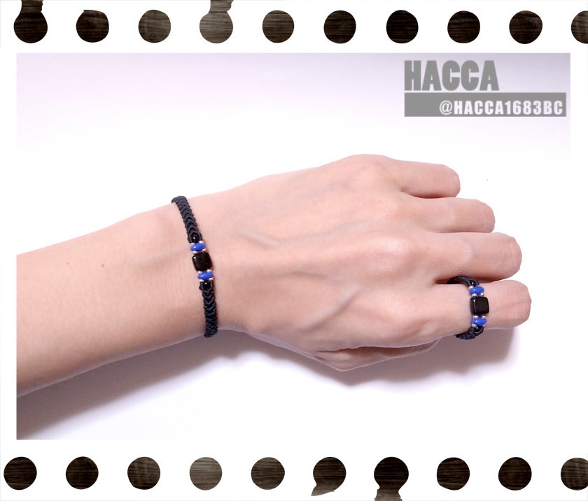 ブラックスクエアアクセサリーセット【ブレスレット/リング】【ブラックコード】【チェコビーズ】【ハンドメイドアクセサリー】