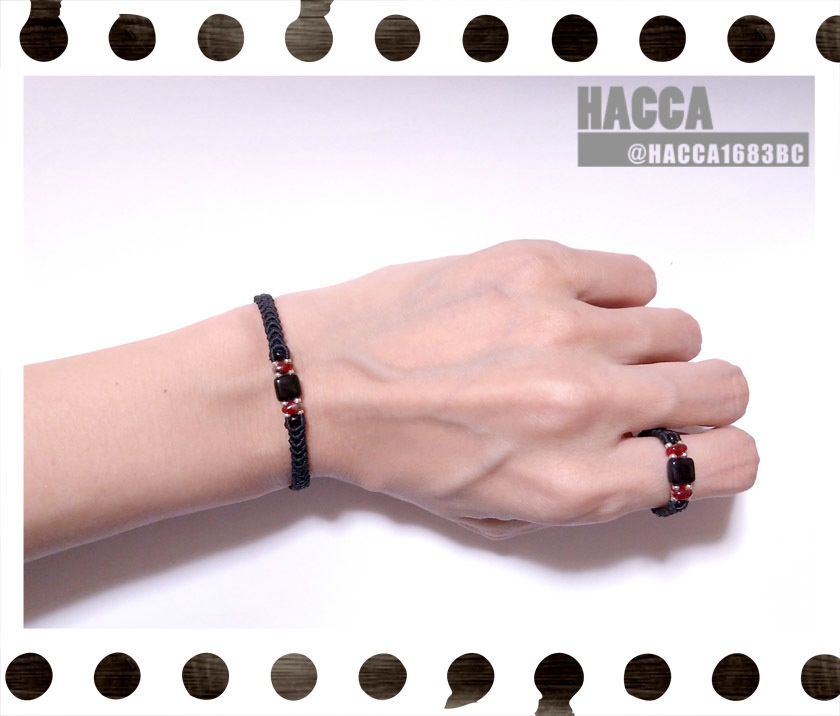 ブラックスクエアアクセサリーセット【ブレスレット/リング】【ブラックコード】【チェコビーズ】【ハンドメイドアクセサリー】