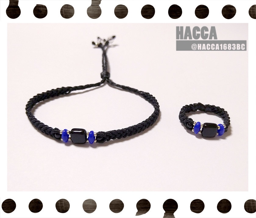 ブラックスクエアアクセサリーセット【ブレスレット/リング】【ブラックコード】【チェコビーズ】【ハンドメイドアクセサリー】