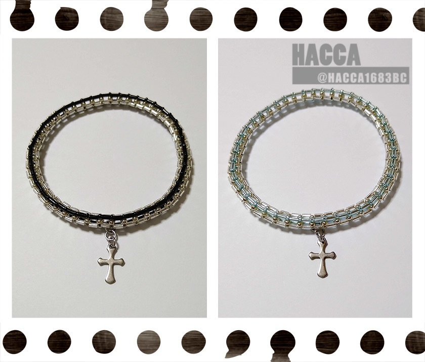 バックボーンバングル(クロスチャーム付【ガラスビーズ】【ハンドメイドアクセサリー】