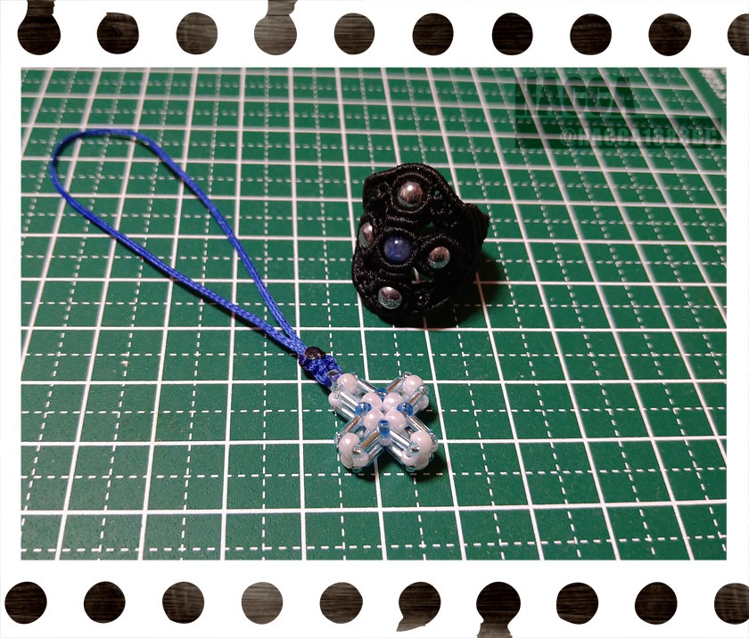 ワイドクロスリング/ミニチュアクロスストラップセット【ワックスコード】【天然石】【ハンドメイドアクセサリー】