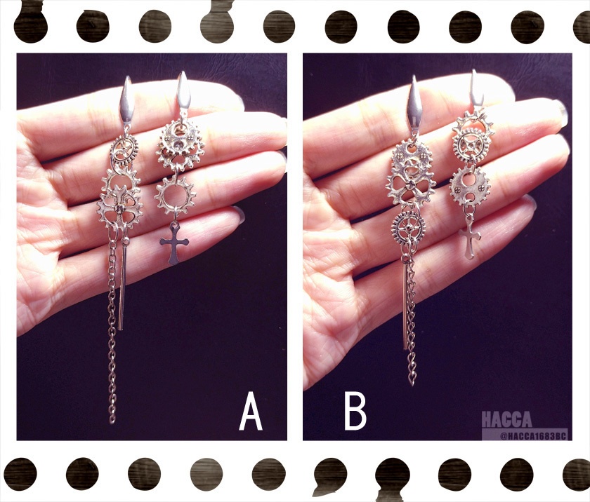 ギアチェーンクロスアシンメトリーピアスセット\ノンホールピアスセット【歯車】【ピアス\ノンホールピアス】【ハンドメイドアクセサリー】