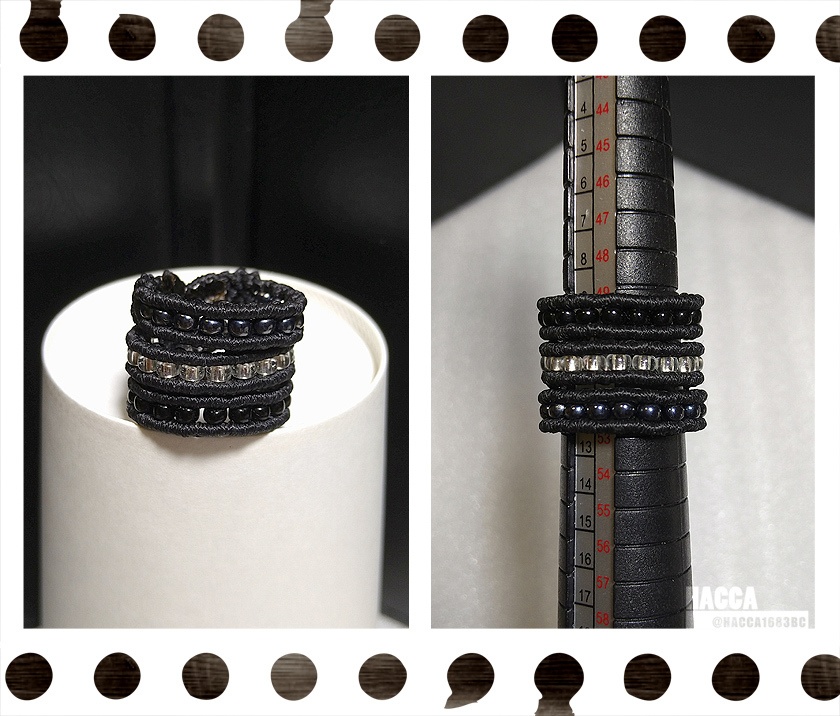 三連ビーズラインリング【ワックスコード】【ガラスビーズ】【ハンドメイドアクセサリー】