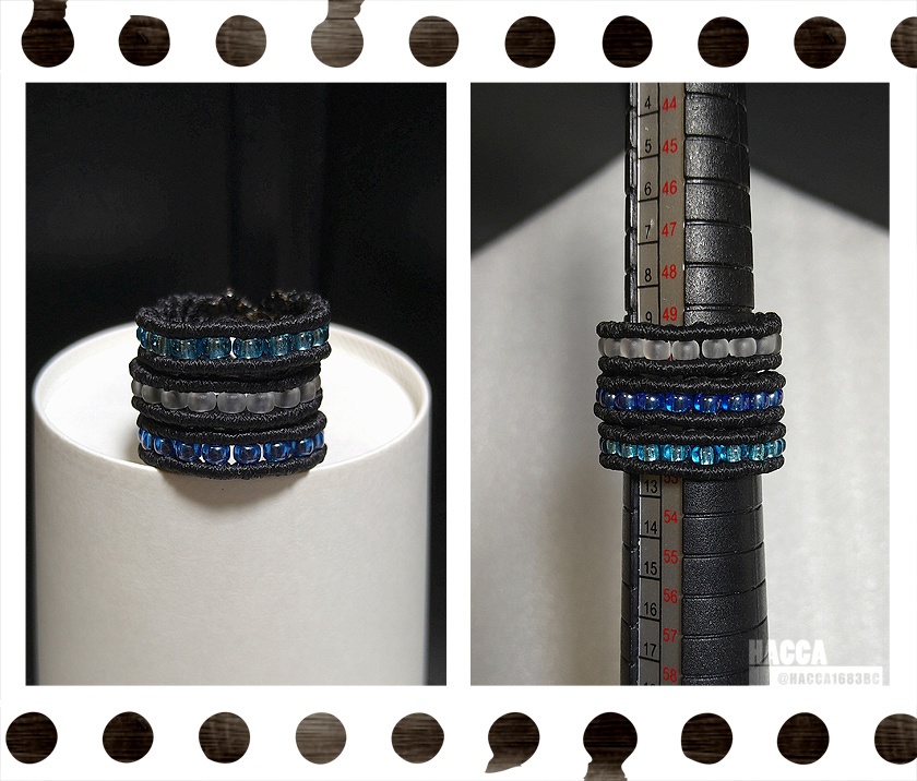 三連ビーズラインリング【ワックスコード】【ガラスビーズ】【ハンドメイドアクセサリー】