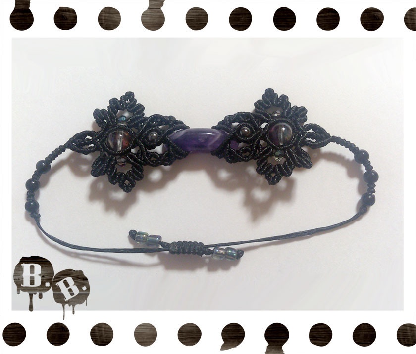 番の尾長蝶蜂ブレスレット【シルバーパープルオーラ】【ブラックコード】【ハンドメイド】【ハンドメイドアクセサリー】