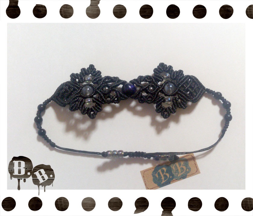 番の蝶蜂ブレスレット【パープルタイガーアイ】【ブラックコード】【ハンドメイドアクセサリー】