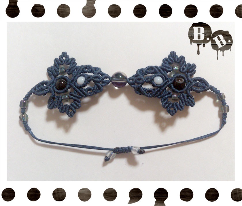 番の尾長蝶蜂ブレスレット【シルバーパープルオーラ】【ネイビーコード】【ハンドメイドアクセサリー】